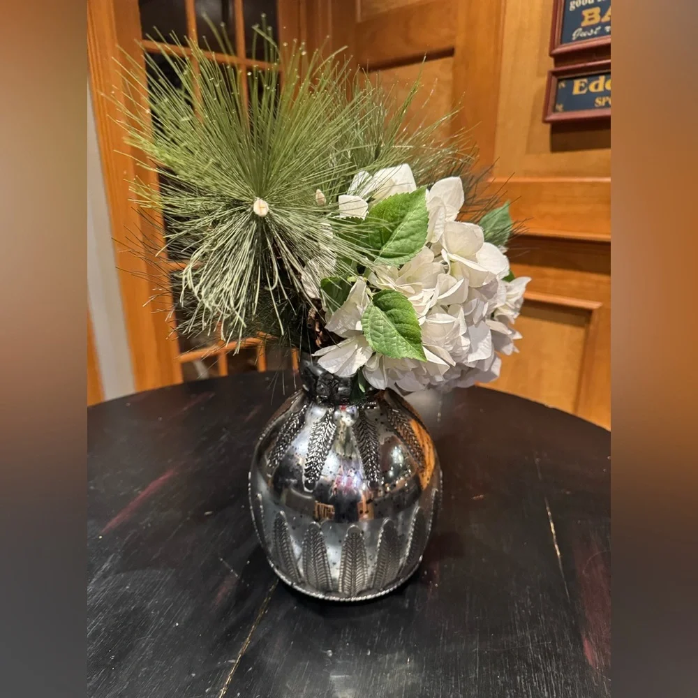 POTTERY BARN Floral arrangement in silver vase